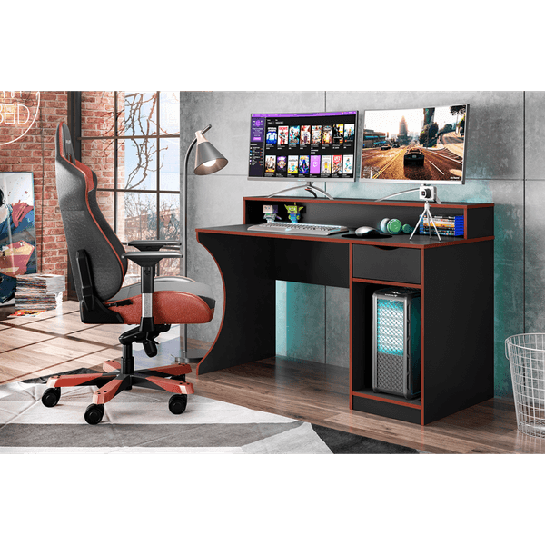 Mesa Gamer para Computador em MDP/MDF, Com Nicho, 1 Gaveta - Safira Preto / Vermelho