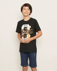 Camiseta Juvenil Estampa Frontal Basket Ball Manga Curta Preta 12
