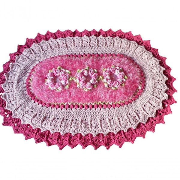 Tapete de Luxo crochê Artesanal Branco com Flor rosa
