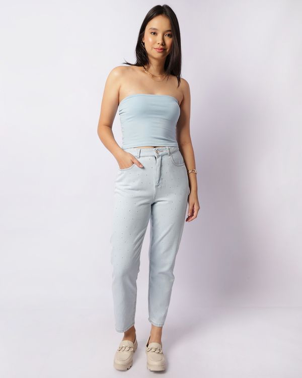 Calça Jeans Feminina Mom Com Strass Azul 46