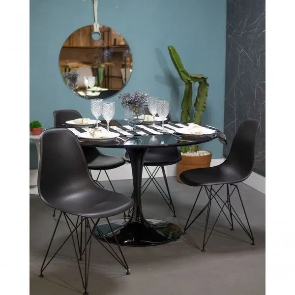 Mesa De Jantar Redonda 70 Cm + Vidro Temperado Preto