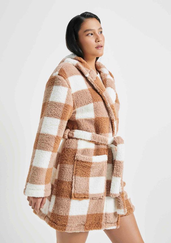 Roupão Feminino Estampado Em Sherpa - Marrom P
