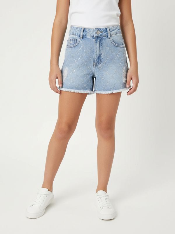 Short Jeans Com Puídos Juvenil Para Menina - AZUL 14