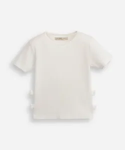 blusa infantil de algodão manga curta com laços canelada off white 10