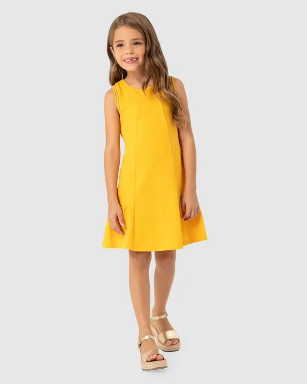 Vestido Menina Detalhe Retilínea Em Malha Algodão - Carinhoso Amarelo - 12