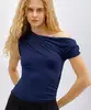 blusa feminina assimétrica com pregas mindset azul P