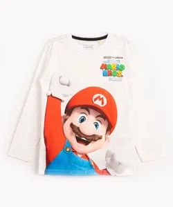 camiseta de algodão infantil mario bros manga longa off white 12