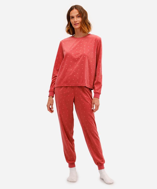 pijama longo feminino de plush corações rosa M