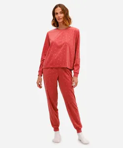 pijama longo feminino de plush corações rosa P