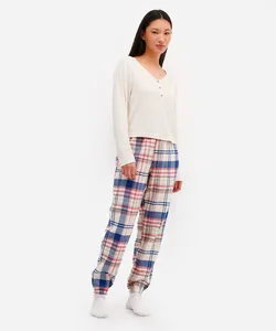 pijama longo feminino xadrez bege G