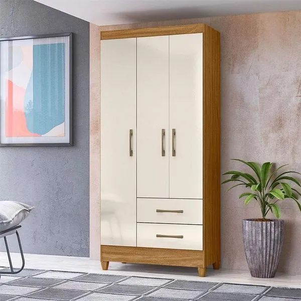 Guarda Roupa Solteiro Ambiente Lima 3 Portas 2 Gavetas MDP Freijó Off White Moval Móveis Guarda Roupa Solteiro Ambiente Lima 3 Portas 2 Gavetas Freijó Off White