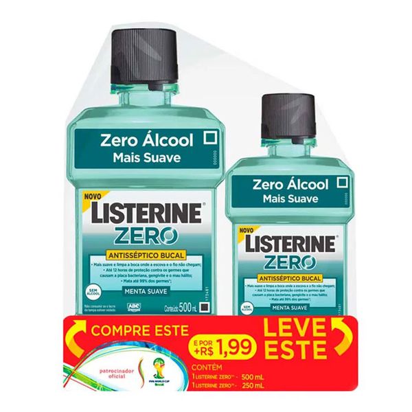 Enxaguante Bucal Listerine Zero Leve 500ml + 250ml Kit Antisséptico Bucal Listerine Cool Mint Zero 500ml + 250ml
