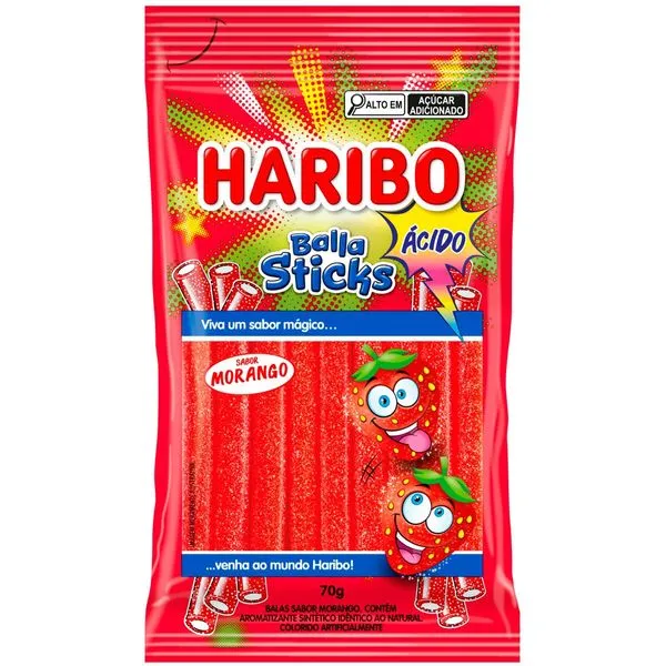 Bala Sticks Haribo Sabor Morango Ácido 70g