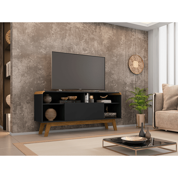 Rack para TV 55'', MDP/MDF, 1 Prateleira, 1 Porta - Lazuli Retrô Preto Fosco