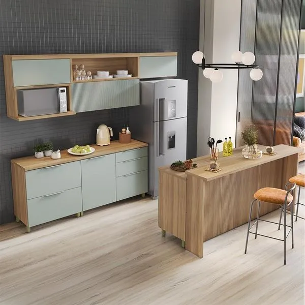 Cozinha Completa Marquesa com Ilha 100% MDF 7 Portas 8 Gavetas Verde e Nature
