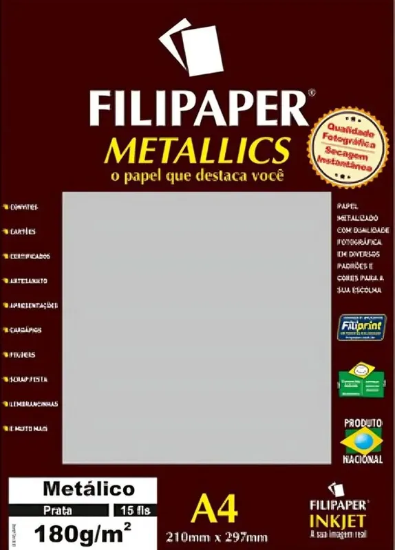 Papel Filipaper Metallics Metálico Prata A4 15 Folhas 180g