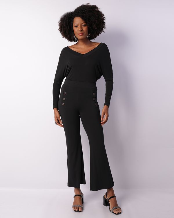 Calça Feminina Pantalona Viscose Botões Decorativo Preta GG