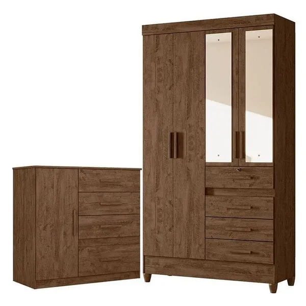 Guarda Roupa Solteiro e Cômoda Sobral Vênus 5 Portas de Bater 8 Gavetas MDP com Espelho Castanho Wood Fosco Guarda Roupa Solteiro e Cômoda Sobral Vênus 5 Portas 8 Gavetas MDP com Espelho Castanho Wood Fosco