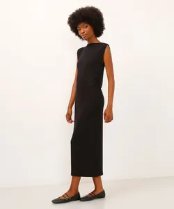vestido midi de viscose com franzido preto PP