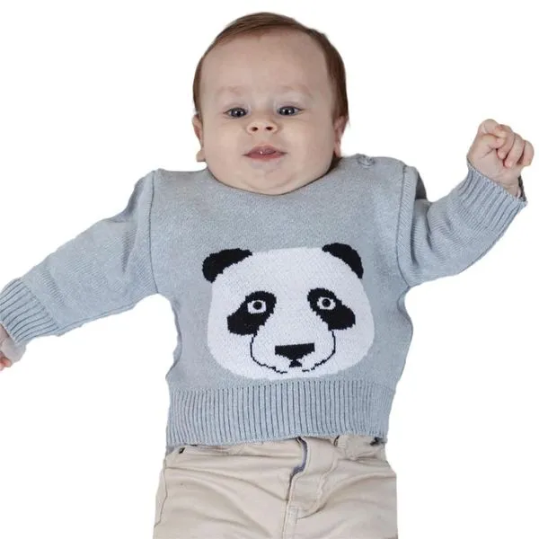 Blusa Tricô Kids de Bebê Com Panda de Tricô Azul M