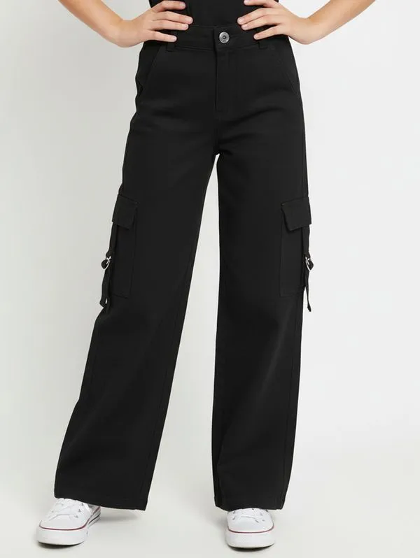 Calça Sarja Wide Leg Cargo Juvenil Para Menina- PRETO 10