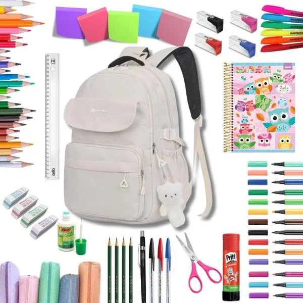 Kit Material Escolar Feminino Juvenil Ensino Médio Completo OEM com Mochila Estojo e Caderno Bege Kit Material Escolar Feminino Juvenil Completo OEM com Mochila Estojo e Caderno Bege