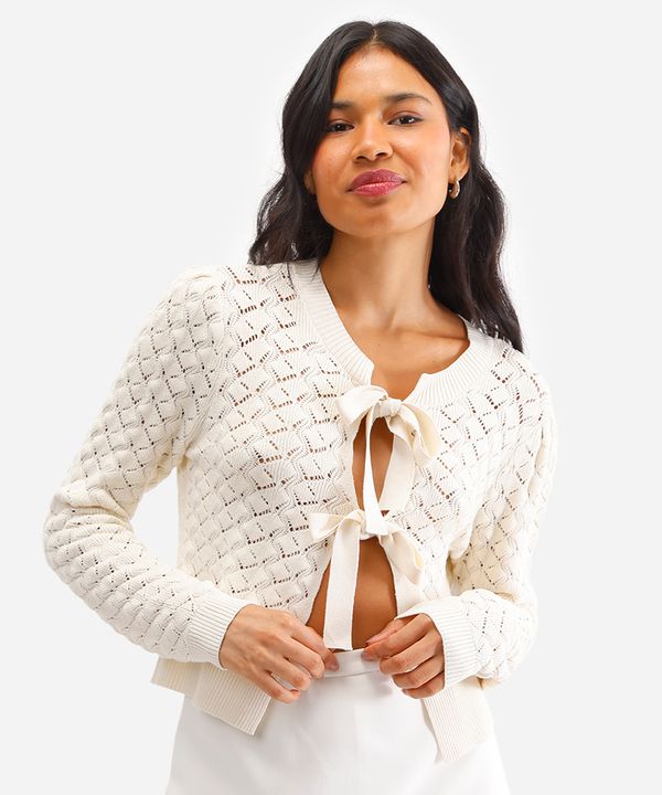 cardigan feminino de tricot com amarração bege M