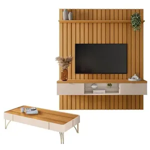Painel Ripado You Illusion 1.8 Com Mesa De Centro Cadenza Cinamomo Off White - Hb Móveis