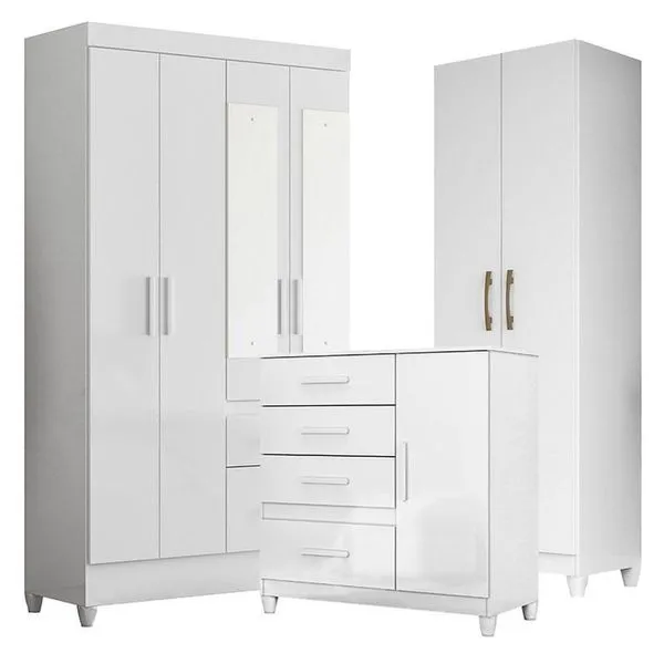 Kit Guarda Roupa Infantil Madri com Espelho Cômoda Vênus com Pés e Armário Multiuso New Íris MDP Branco Brilho Guarda Roupa Com Espelho Infantil Madri Com Cômoda Vênus Com Pés E Armário Multiuso New íris Branco Brilho - Moval