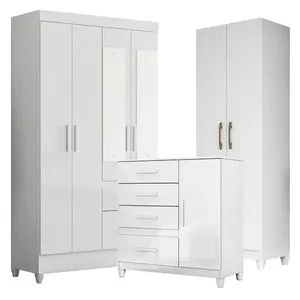 Kit Guarda Roupa Infantil Madri com Espelho Cômoda Vênus com Pés e Armário Multiuso New Íris MDP Branco Brilho Guarda Roupa Com Espelho Infantil Madri Com Cômoda Vênus Com Pés E Armário Multiuso New íris Branco Brilho - Moval