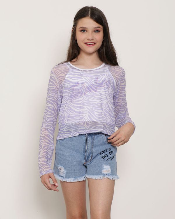 Blusa Juvenil Sobreposição Tule Animal Print Branca e Lilás 16