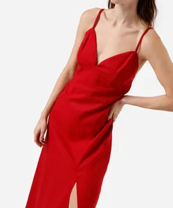 vestido midi feminino com linho alça fina vermelho G