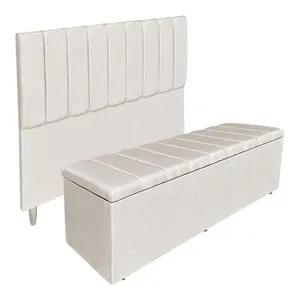 Kit Cabeceira E Calçadeira Recamier Baú Queen 1,60m Holanda Linho - Pallazio Cor Bege