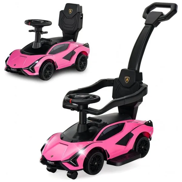 Carrinho de Passeio Infantil 3 em 1 com Rodas Universais, Alça, Guarda Corpos Removíveis e Música, OLAKIDS Lamborghini, Rosa 110v