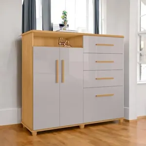 Cômoda Helena 4 Gavetas com Portas e Prateleiras em Naturalle e Off White 114x136x46.5 cm Cômoda Helena 4 Gavetas com Portas e Prateleiras Naturalle e Off White para Quarto