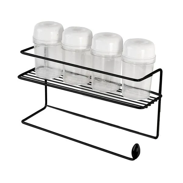 Suporte para Condimentos e Papel Toalha de Parede Utimil Pintura Epóxi Preto com 4 Potes, Fixação Adesiva e Design Compacto