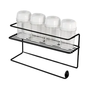Suporte para Condimentos e Papel Toalha de Parede Utimil Pintura Epóxi Preto com 4 Potes, Fixação Adesiva e Design Compacto