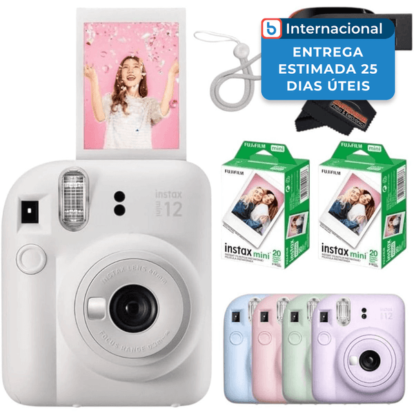 Câmera Fujifilm Instax Mini 12 Com 40 Folhas, Pano De Microfiba Para Limpeza E Cordão De Segurança Branco A-MBI
