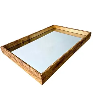 Bandeja Decorativa Tama 23312 em MDF com Fundo Espelhado Borda Talhada Traços Bege Entrecasa Bandeja Decorativa Tama 23312 em MDF com Espelho Borda Talhada Traços Bege Entrecasa