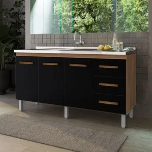 Balcão Gabinete para Pia Dana 3 Portas 3 Gavetas 1 Prateleira MDP 148CM Preto Desk Design Balcão Gabinete para Pia Dana 3 Portas MDP 148CM Preto Desk Design