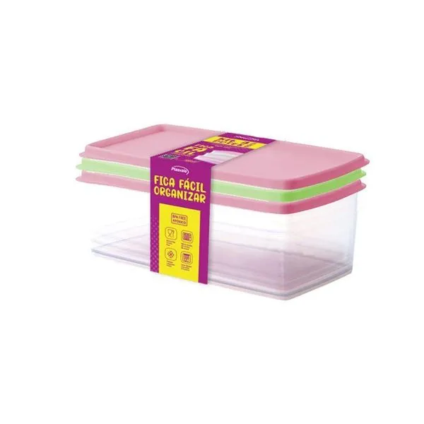 Kit 3 Potes Herméticos Retangulares 1,4l Plasvale Rosa