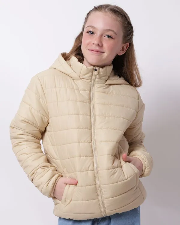 Jaqueta Juvenil Puffer com Bolsos e Capuz Bege 16