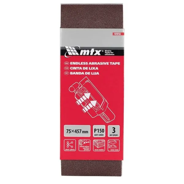 Cinta de Lixa P150 150x610x100mm Kit 3 Peças para Acabamento Fino em Madeira e Metal Vermelho MTX Cinta de Lixa P150 150x610x100mm Kit 3 Peças para Acabamento Profissional Vermelho MTX