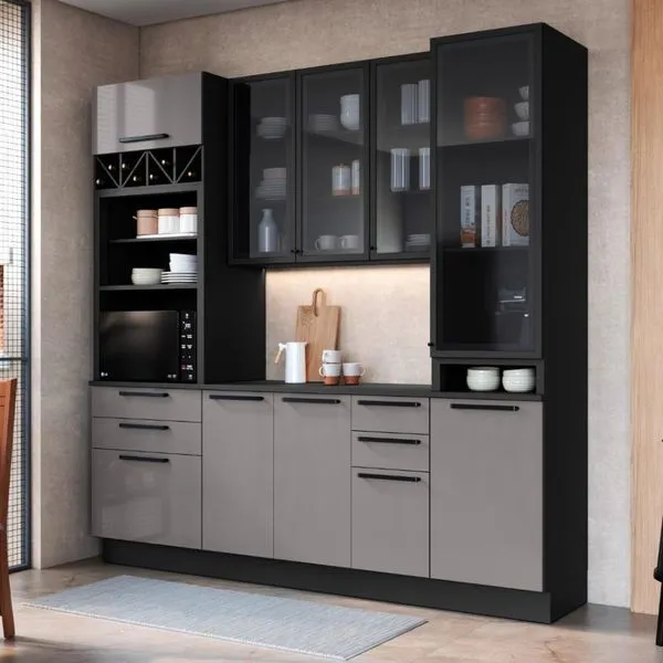 Cozinha Modulada Compacta Fidelitá Mônaco 4 Peças Com Rodapé 240cm 10 Portas 4 Gavetas Com Tampo Chumbo/titânio