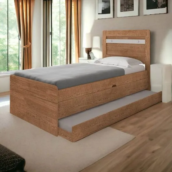 Cama Baú Larissa Solteiro Naturale E Off White Com Auxiliar Framar