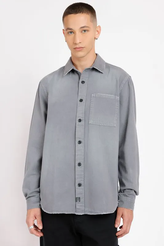 Camisa Manga Longa Off And Black Overshirt Sarja Tinturada Cinza - G