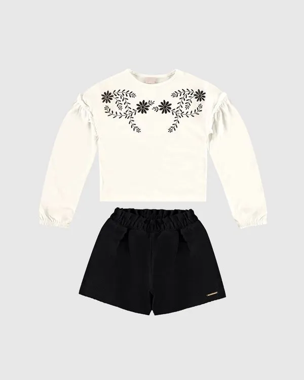 Conjunto Menina Blusa Estampa Bordada E Shorts Em Algodão - Carinhoso Off White - 14