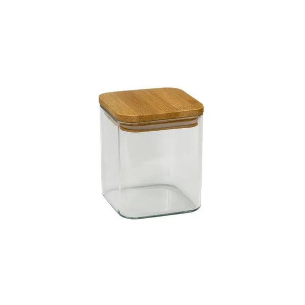 Pote de Vidro Quadrado Com Tampa de Bambu 6x12cm 350ml 5557 - Be10