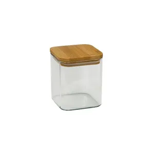 Pote de Vidro Quadrado Com Tampa de Bambu 6x12cm 350ml 5557 - Be10