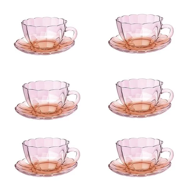 Conjunto 6 Xícaras Café 90ml com Pires Peach Vidro Furta-cor JGXC108DC - Hauskraft